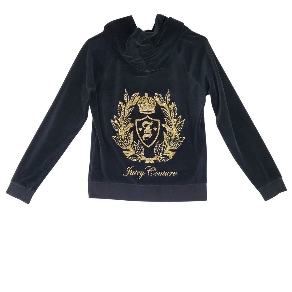 Juicy Couture Black Velour Zip Up Hoodie Gold Glitter Rhinestone Crest Small